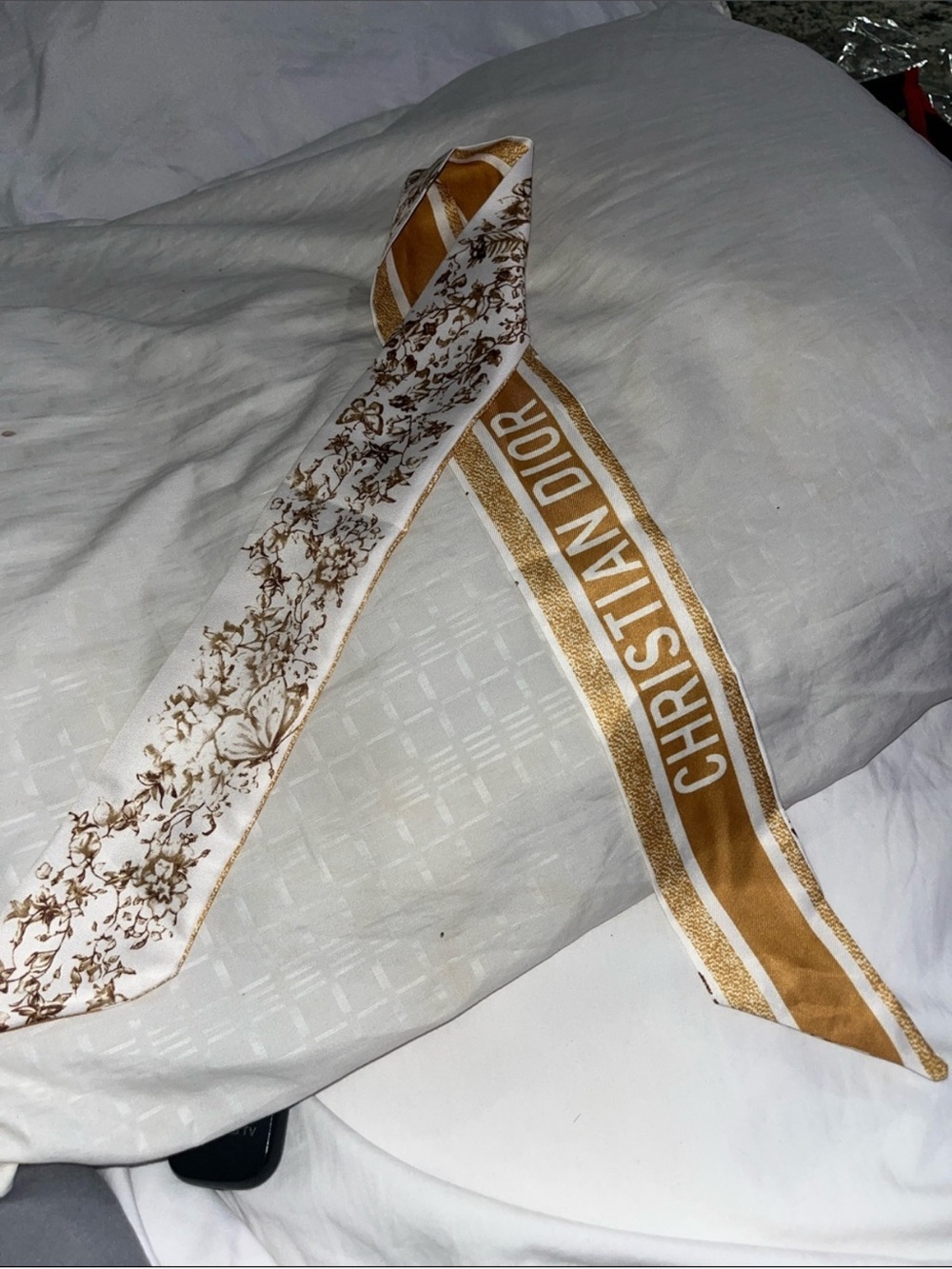 Christian Dior Silk Twilly Scarf - White and Gold